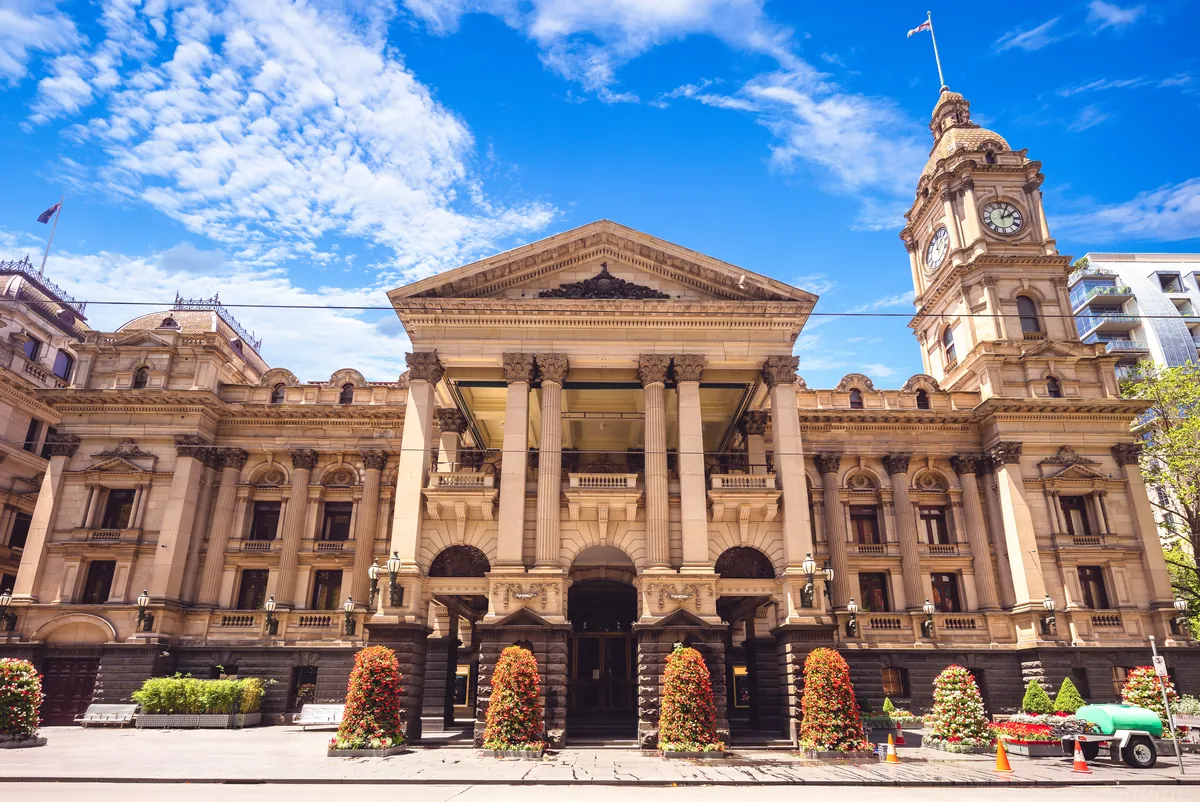 Melbourne Town Hall under a blue sky